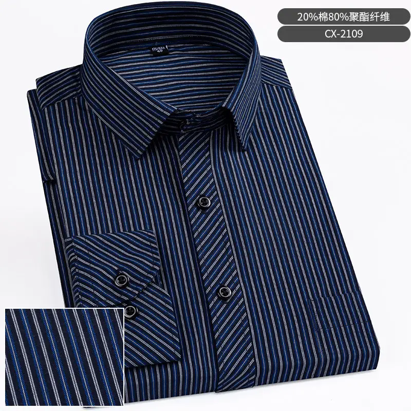 Men Striped Long Sleeve Business Shirt Blue