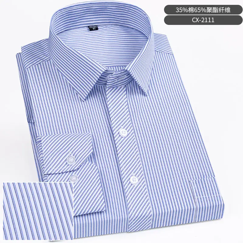 Men Striped Long Sleeve Business Shirt Blue