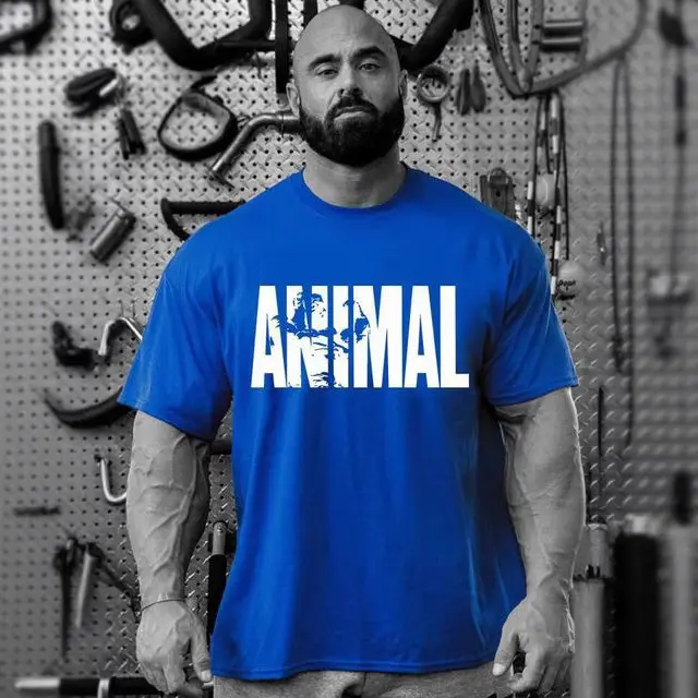 Men's Blue Animal Graphic Cotton T-Shirt Workout Fitness