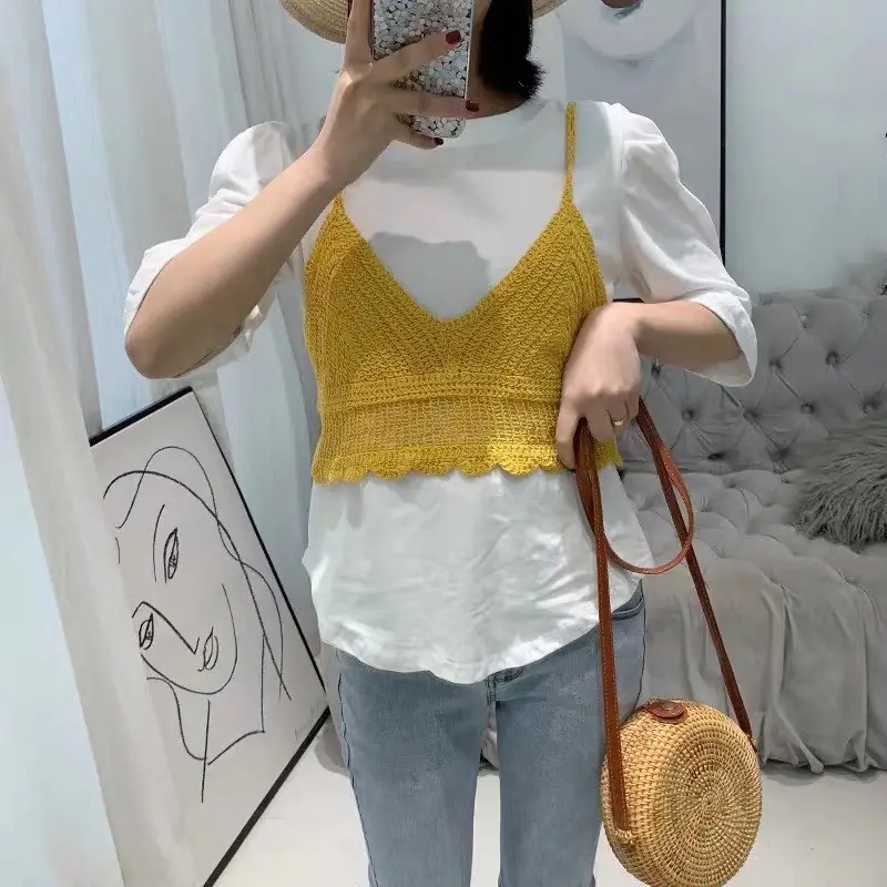 Korean Hook Pattern French Sling Vest Cotton Linen Vest - Image 8