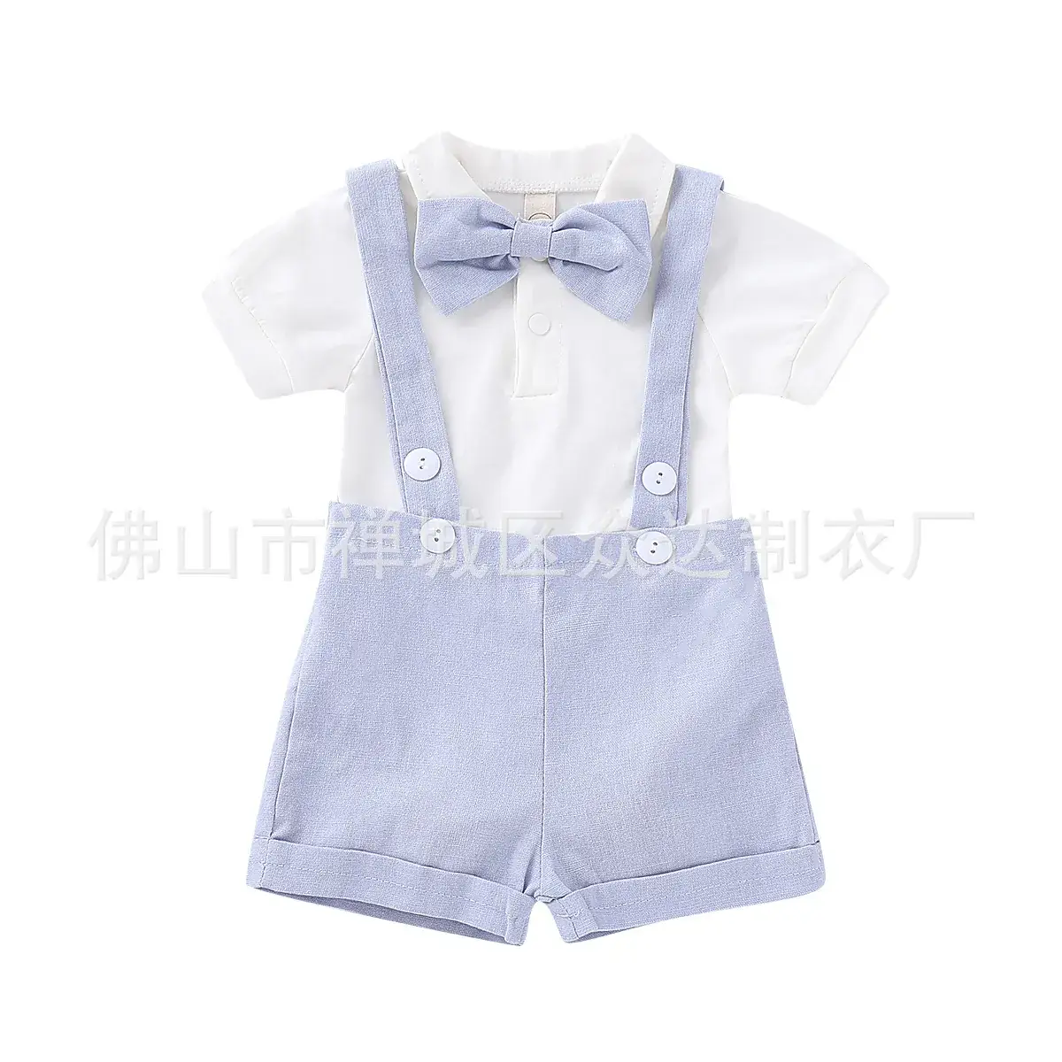 Men Short Sleeve Bow Tie Suspenders Suit Grey - Image 2