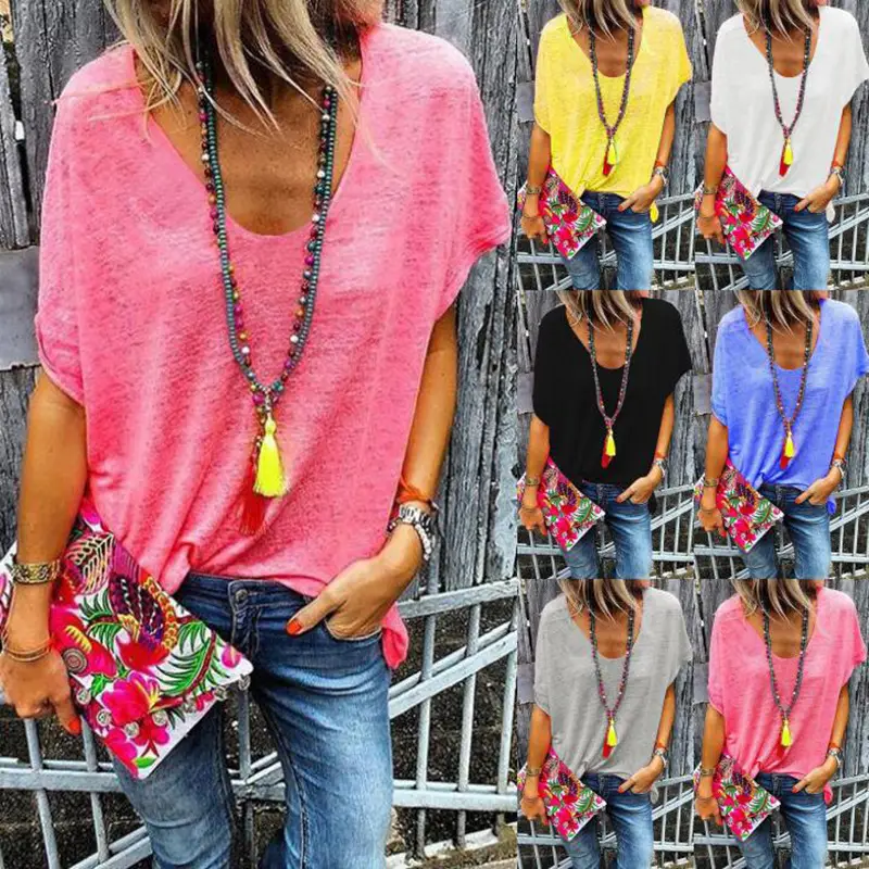 Women V Neck T-Shirt Candy Color Summer Wear - Image 7