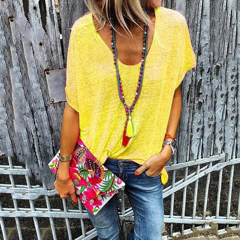 Women V Neck T-Shirt Candy Color Summer Wear - Image 10
