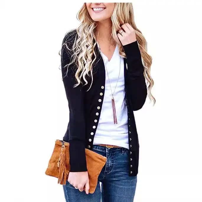Women Button Cardigan V Neck Long Sleeve Solid Color - Image 4