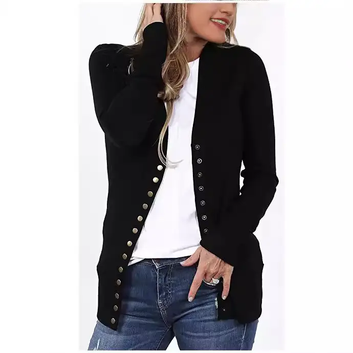 Women Button Cardigan V Neck Long Sleeve Solid Color - Image 5