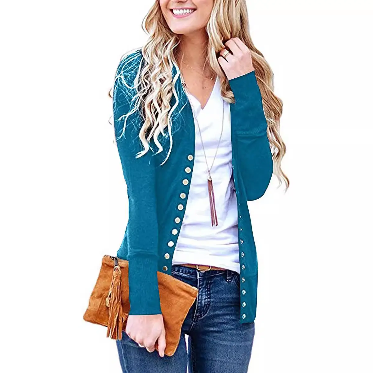 Women Button Cardigan V Neck Long Sleeve Solid Color - Image 6