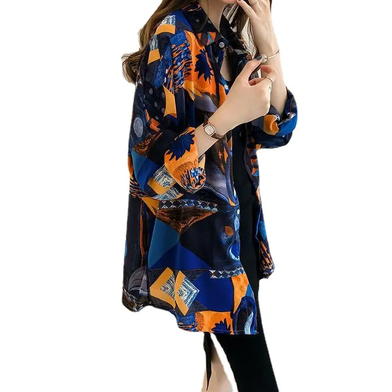 2023 Printed Long Sleeve Women's Shirt Jacket Blue Orange - Image 4