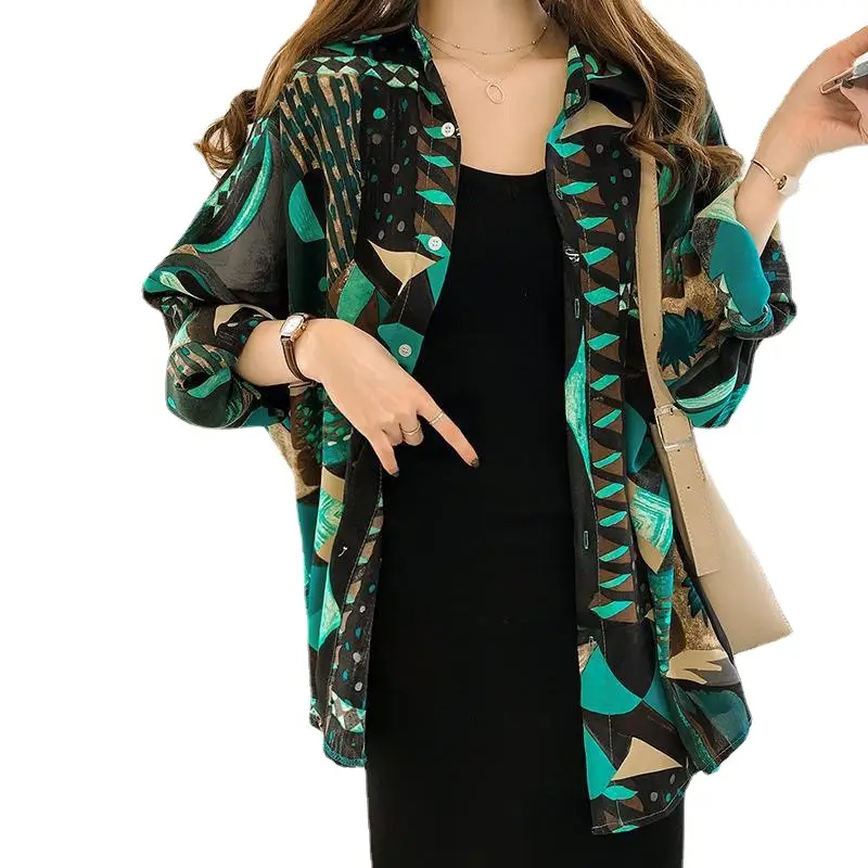 2023 Printed Long Sleeve Women's Shirt Jacket Blue Orange - Image 6