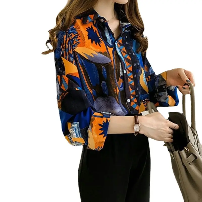 2023 Printed Long Sleeve Women's Shirt Jacket Blue Orange - Image 2