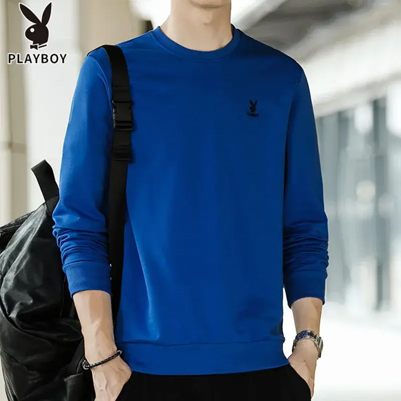 Men Blue Round Neck Long Sleeve Pullover Sweater - Image 8