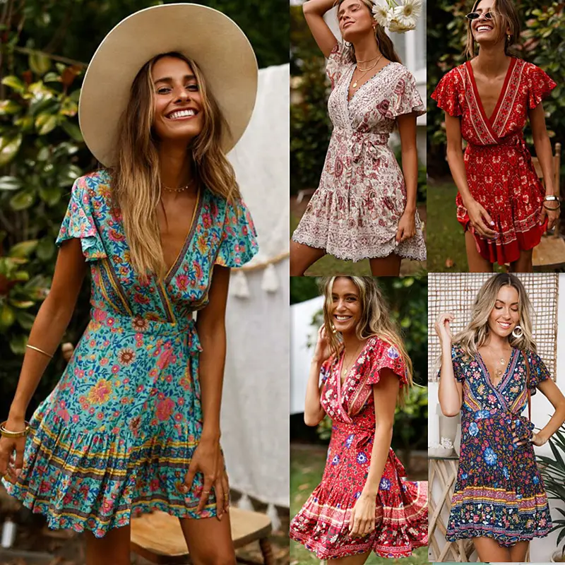 Women's Printed V Neck Shorts Dress Red Blue - Image 12