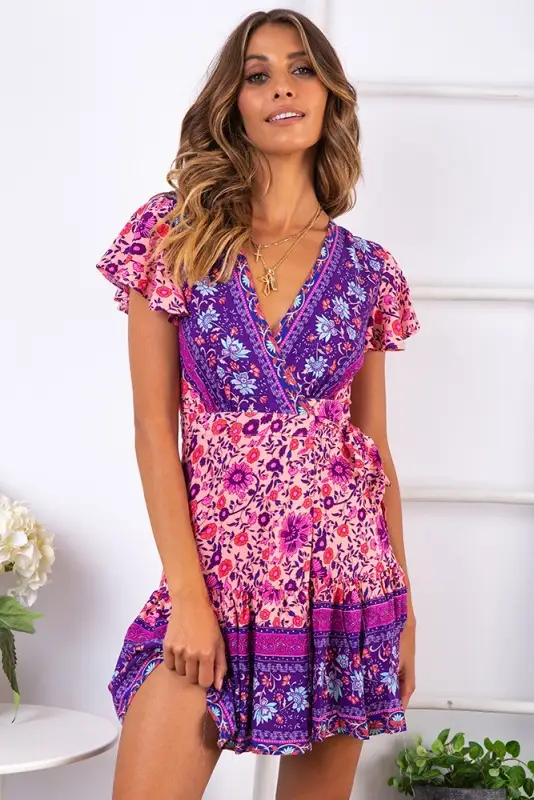 Women's Printed V Neck Shorts Dress Red Blue - Image 10