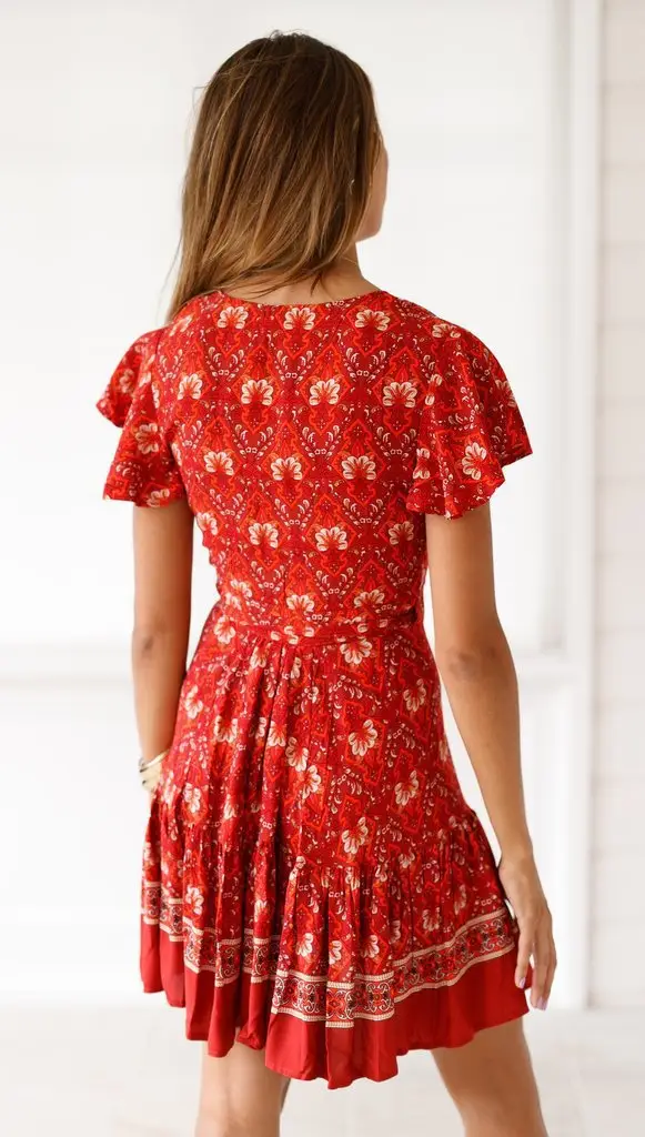 Women's Printed V Neck Shorts Dress Red Blue - Image 3