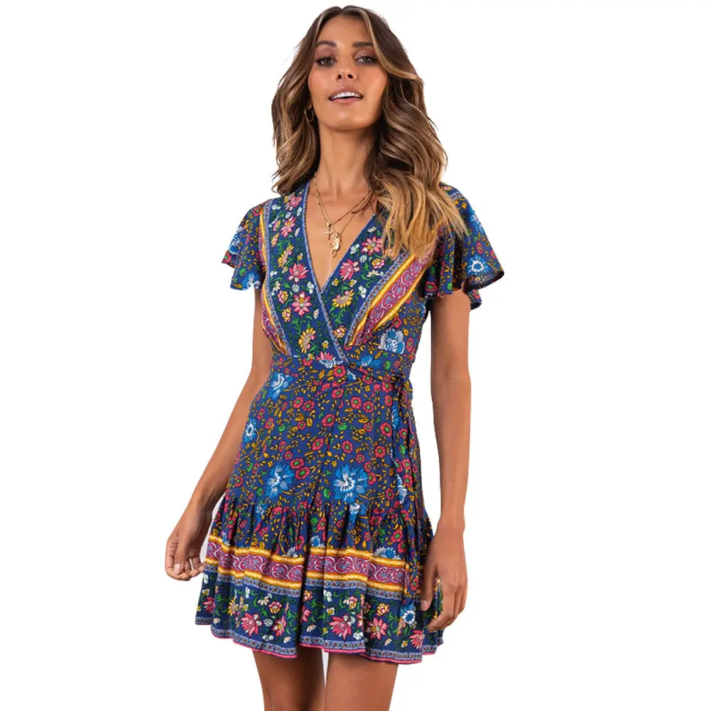 Women's Printed V Neck Shorts Dress Red Blue - Image 6