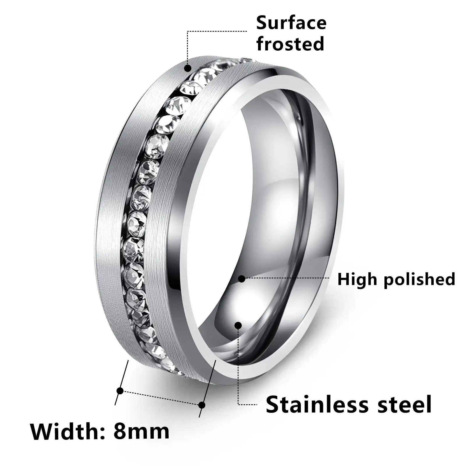 8mm Wide Single Row Full Diamond Zircon Ring - Image 8