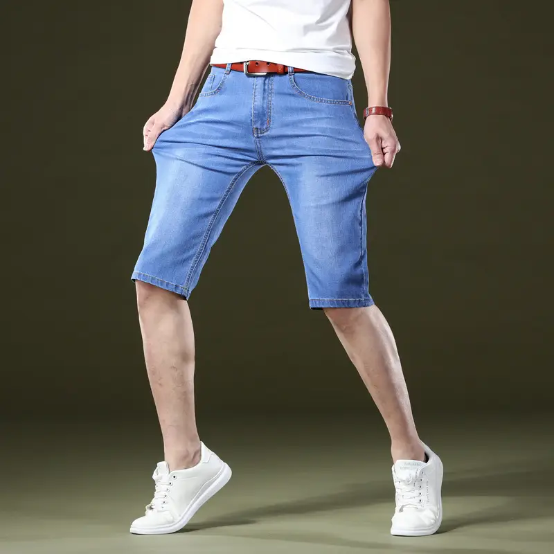 Men Slim Fit Blue Denim Capri Shorts - Image 9