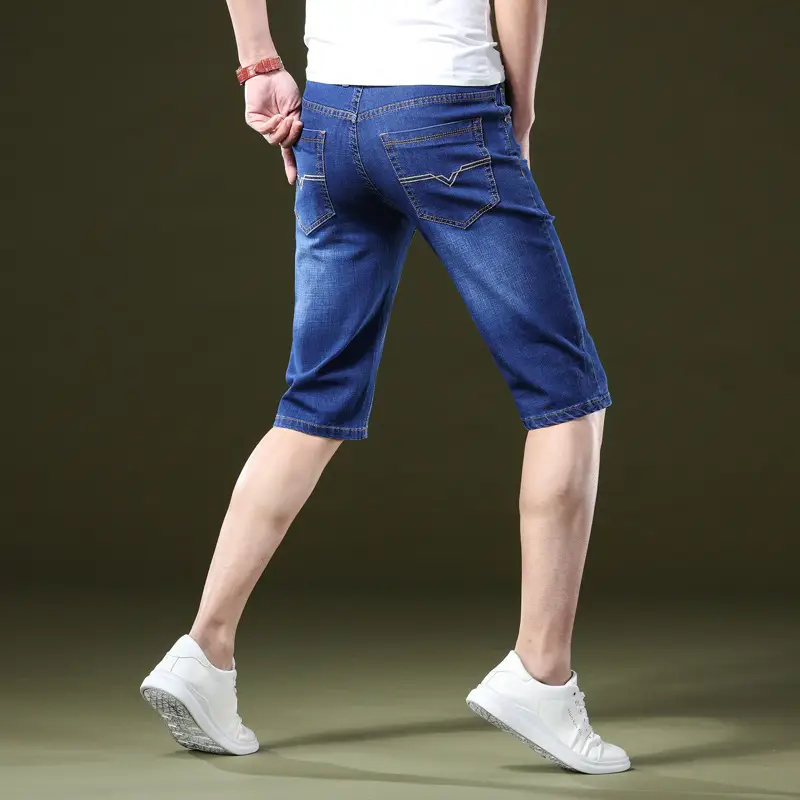 Men Slim Fit Blue Denim Capri Shorts - Image 10