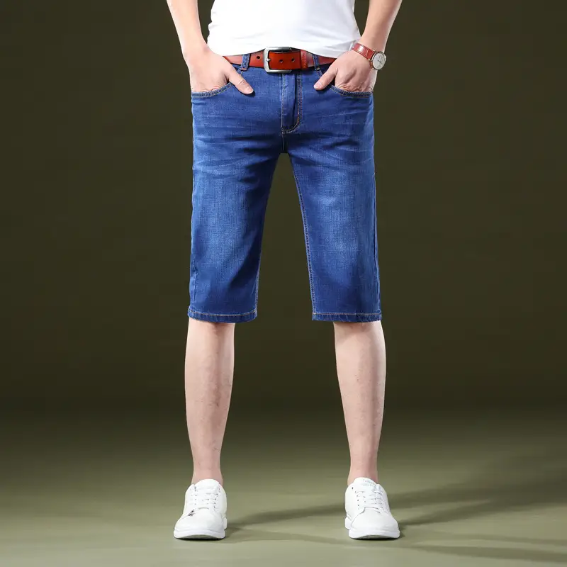 Men Slim Fit Blue Denim Capri Shorts - Image 11