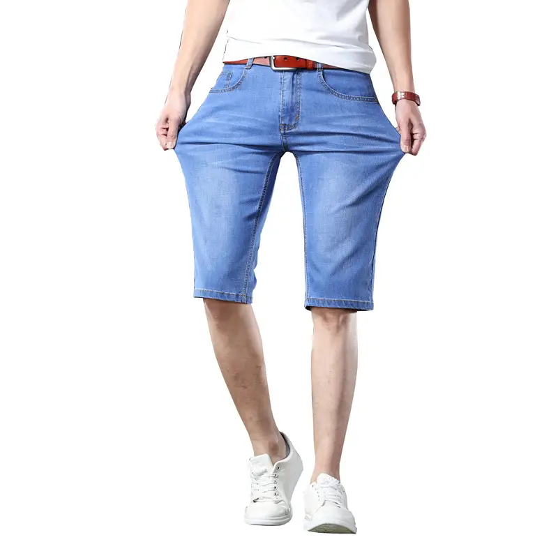 Men Slim Fit Blue Denim Capri Shorts - Image 12