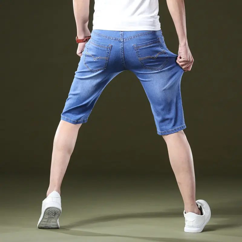 Men Slim Fit Blue Denim Capri Shorts - Image 2