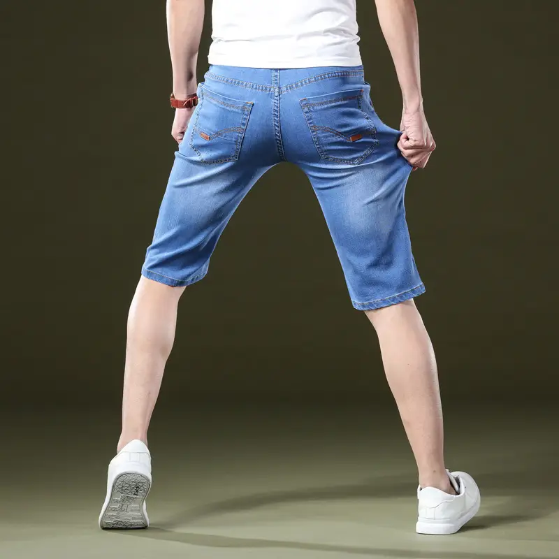 Men Slim Fit Blue Denim Capri Shorts - Image 3