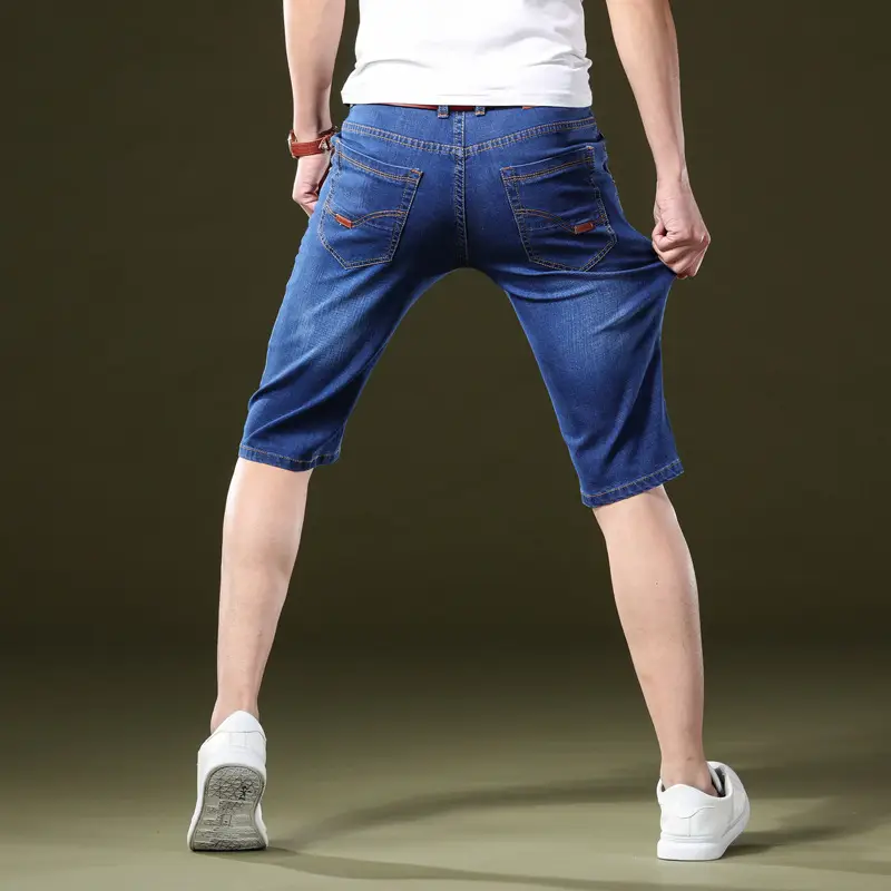 Men Slim Fit Blue Denim Capri Shorts - Image 4