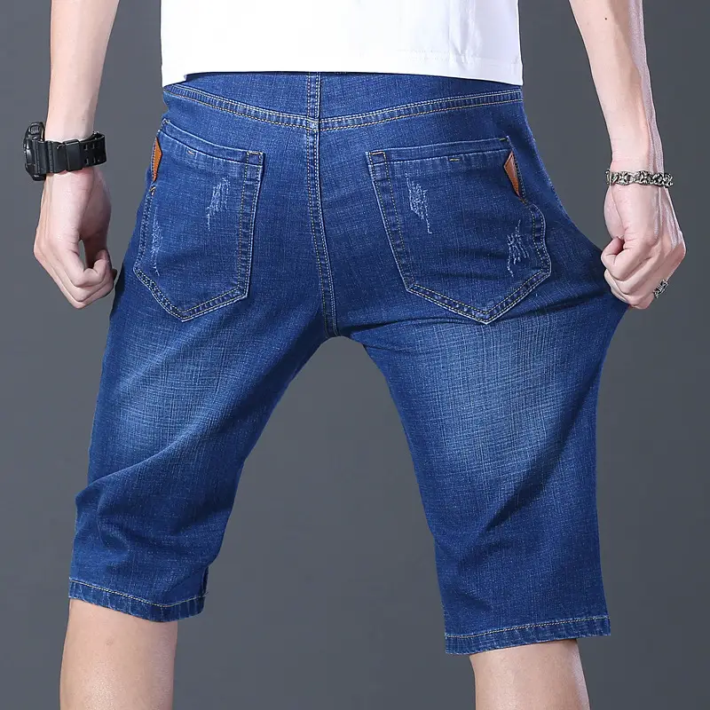 Men Slim Fit Blue Denim Capri Shorts - Image 7