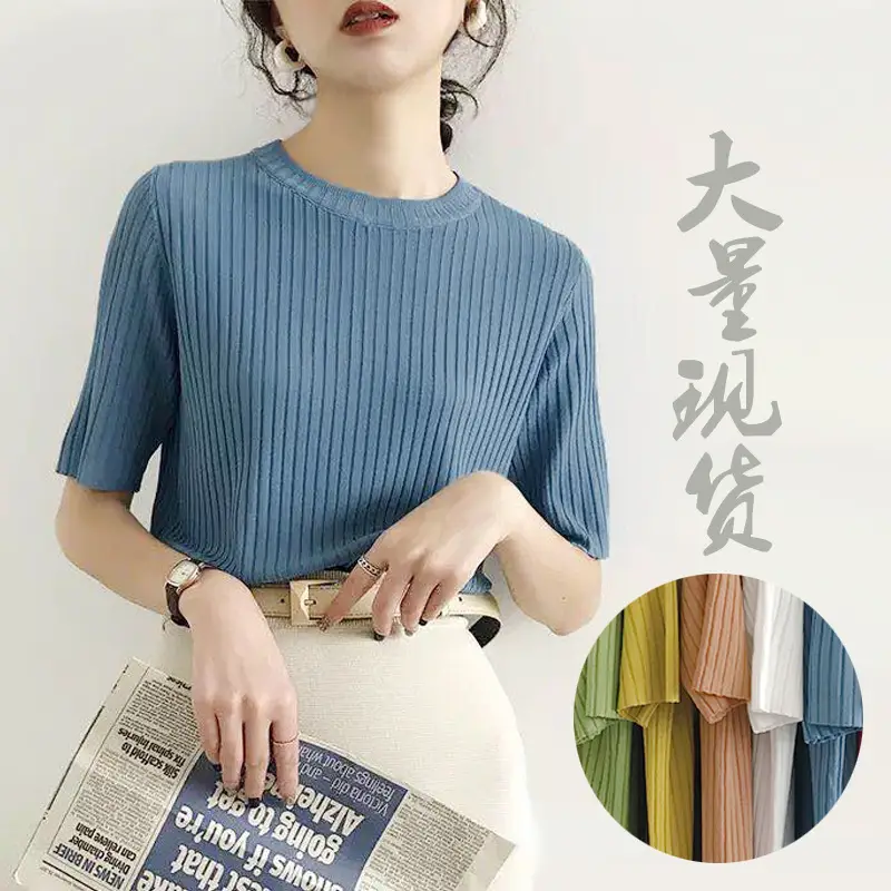Women Knitted T-Shirt Orange Blue Large Mid Sleeve - Image 8