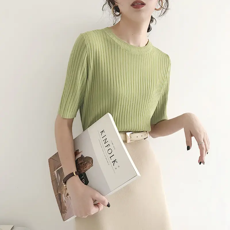 Women Knitted T-Shirt Orange Blue Large Mid Sleeve - Image 9