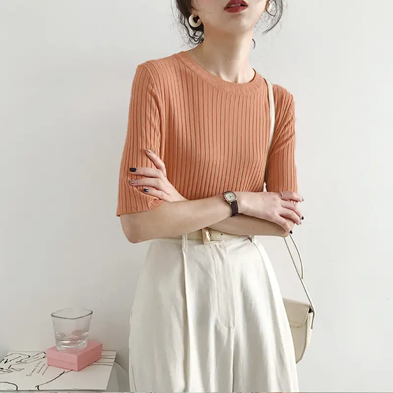 Women Knitted T-Shirt Orange Blue Large Mid Sleeve - Image 10