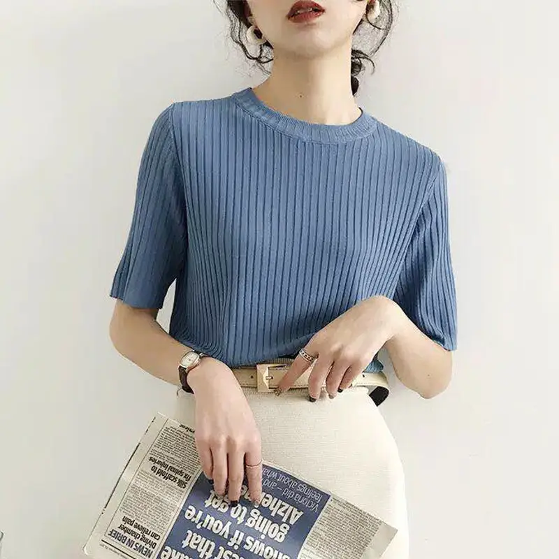 Women Knitted T-Shirt Orange Blue Large Mid Sleeve - Image 6