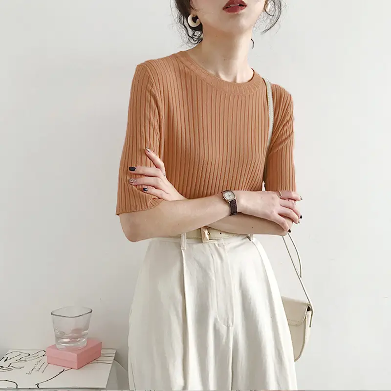 Women Knitted T-Shirt Orange Blue Large Mid Sleeve - Image 7