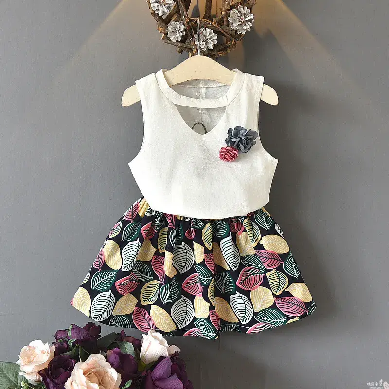 Girls Sleeveless Top with Leaf Print White 2020 Summer - Image 4