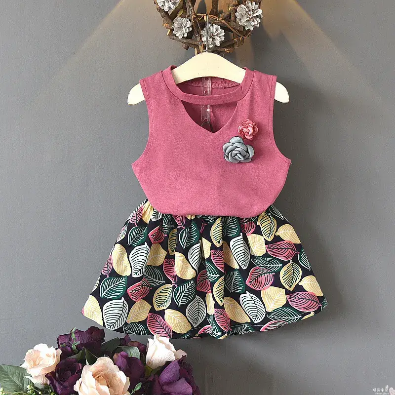 Girls Sleeveless Top with Leaf Print White 2020 Summer - Image 2