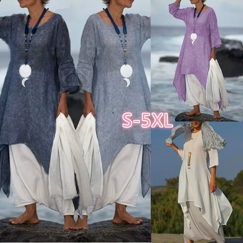 2023 Women Cotton Linen Long Sleeve Dress Large Hem - Image 4