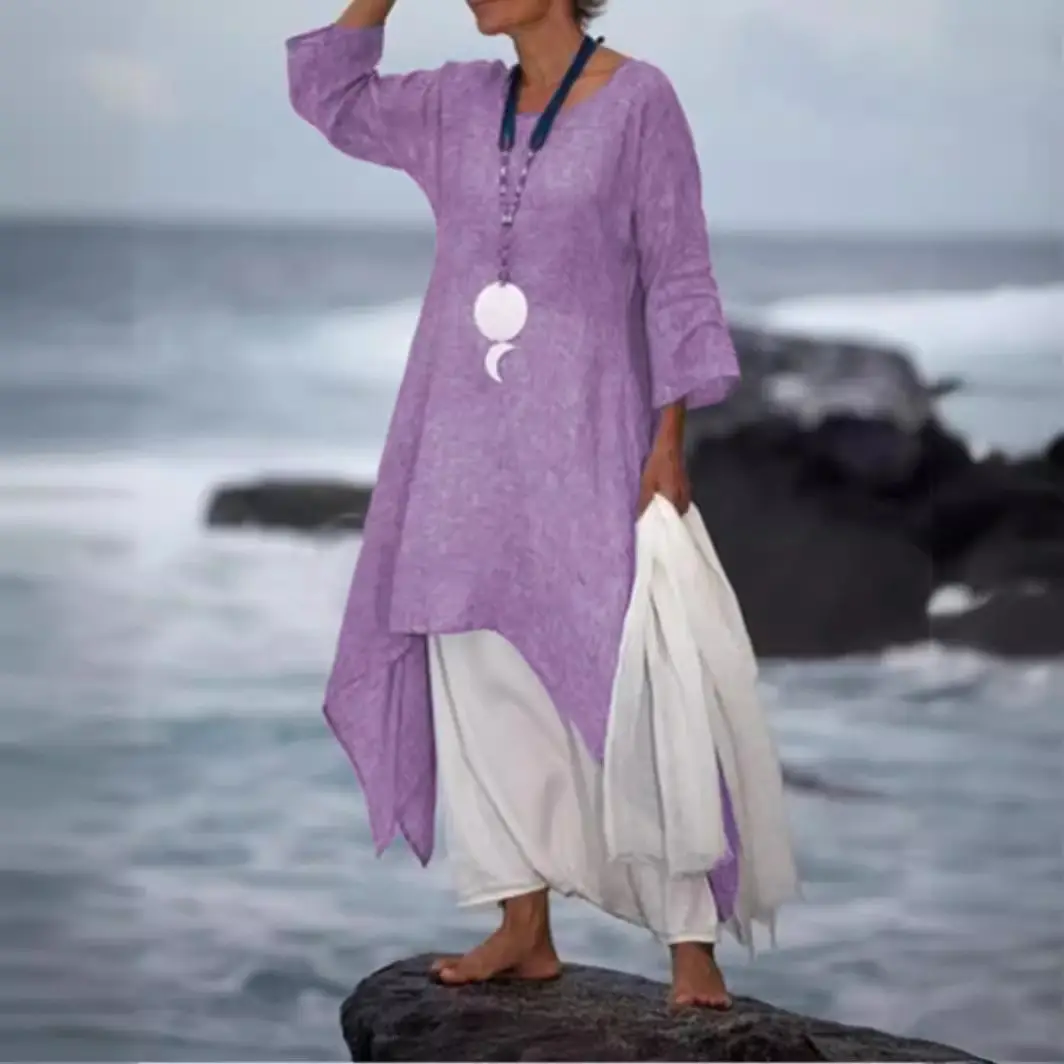 2023 Women Cotton Linen Long Sleeve Dress Large Hem - Image 5