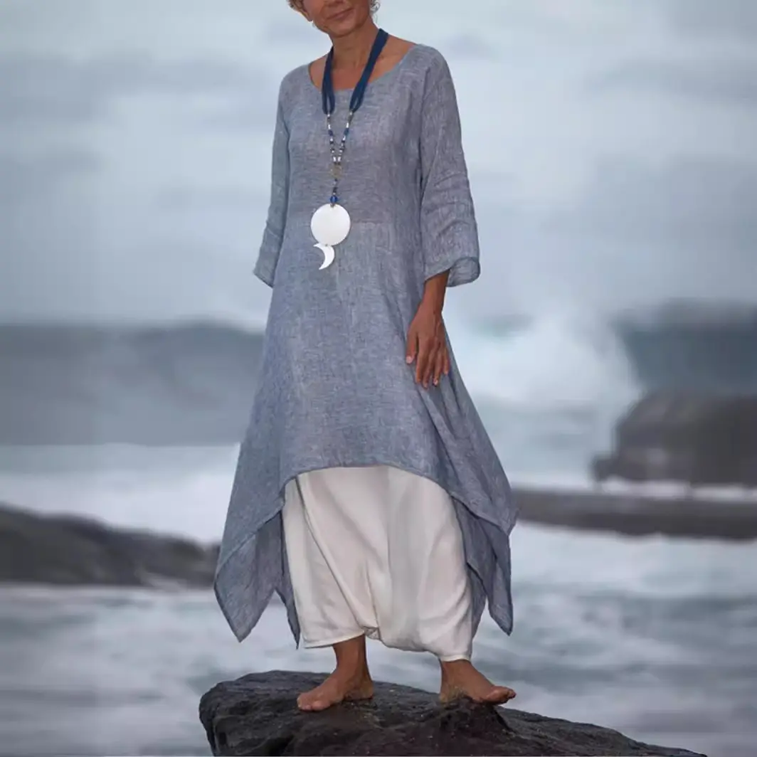 2023 Women Cotton Linen Long Sleeve Dress Large Hem - Image 6