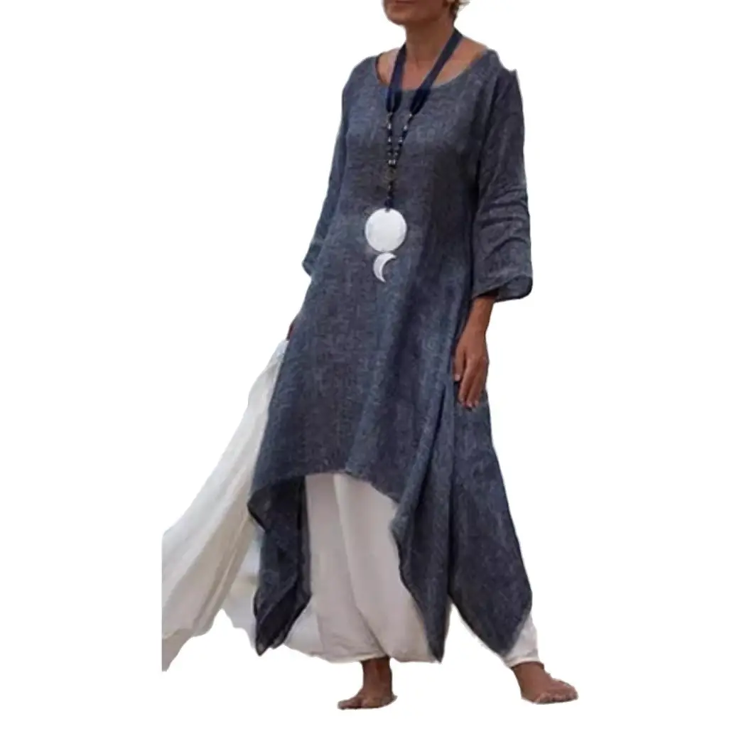 2023 Women Cotton Linen Long Sleeve Dress Large Hem - Image 7
