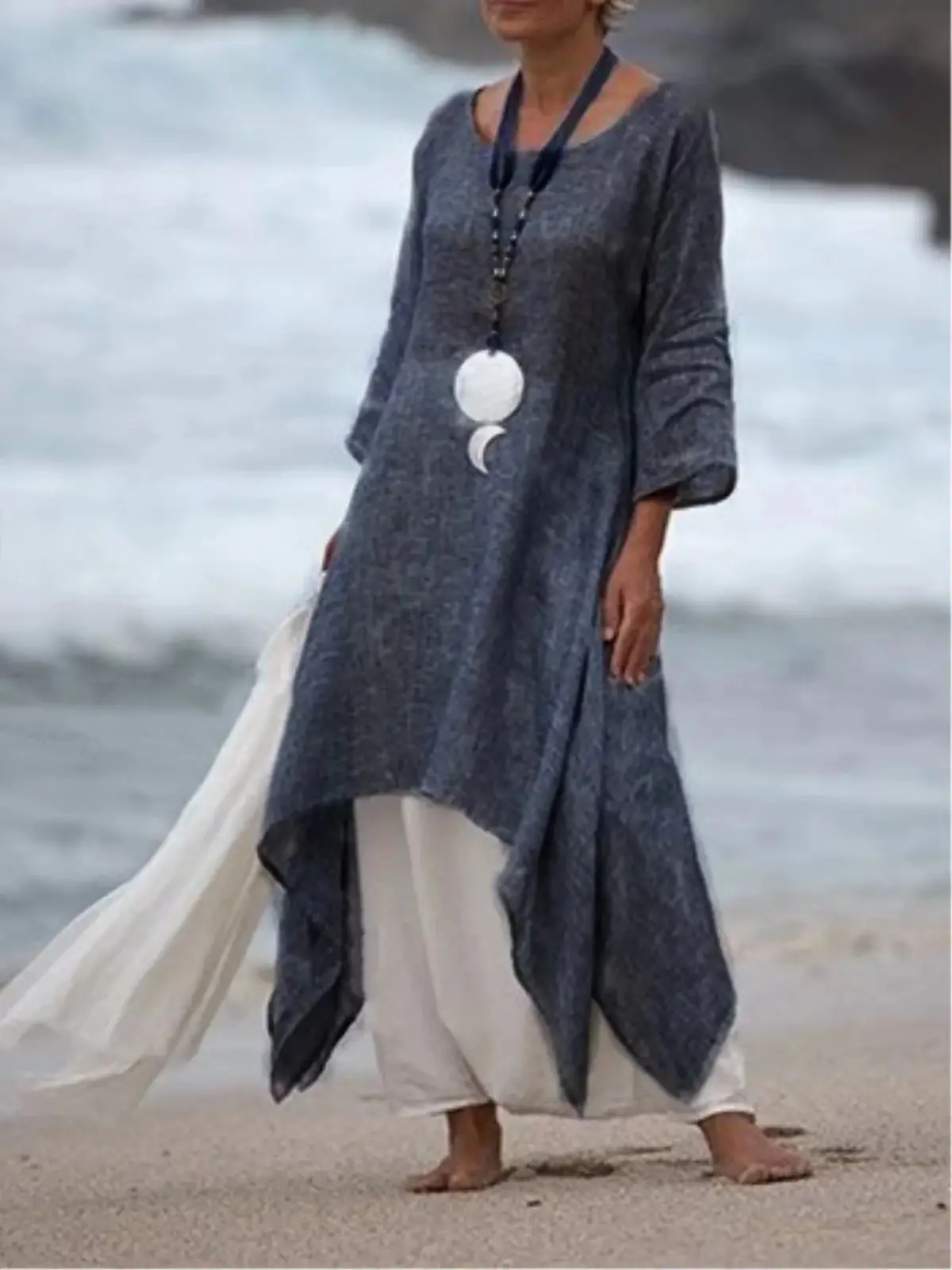 2023 Women Cotton Linen Long Sleeve Dress Large Hem - Image 2