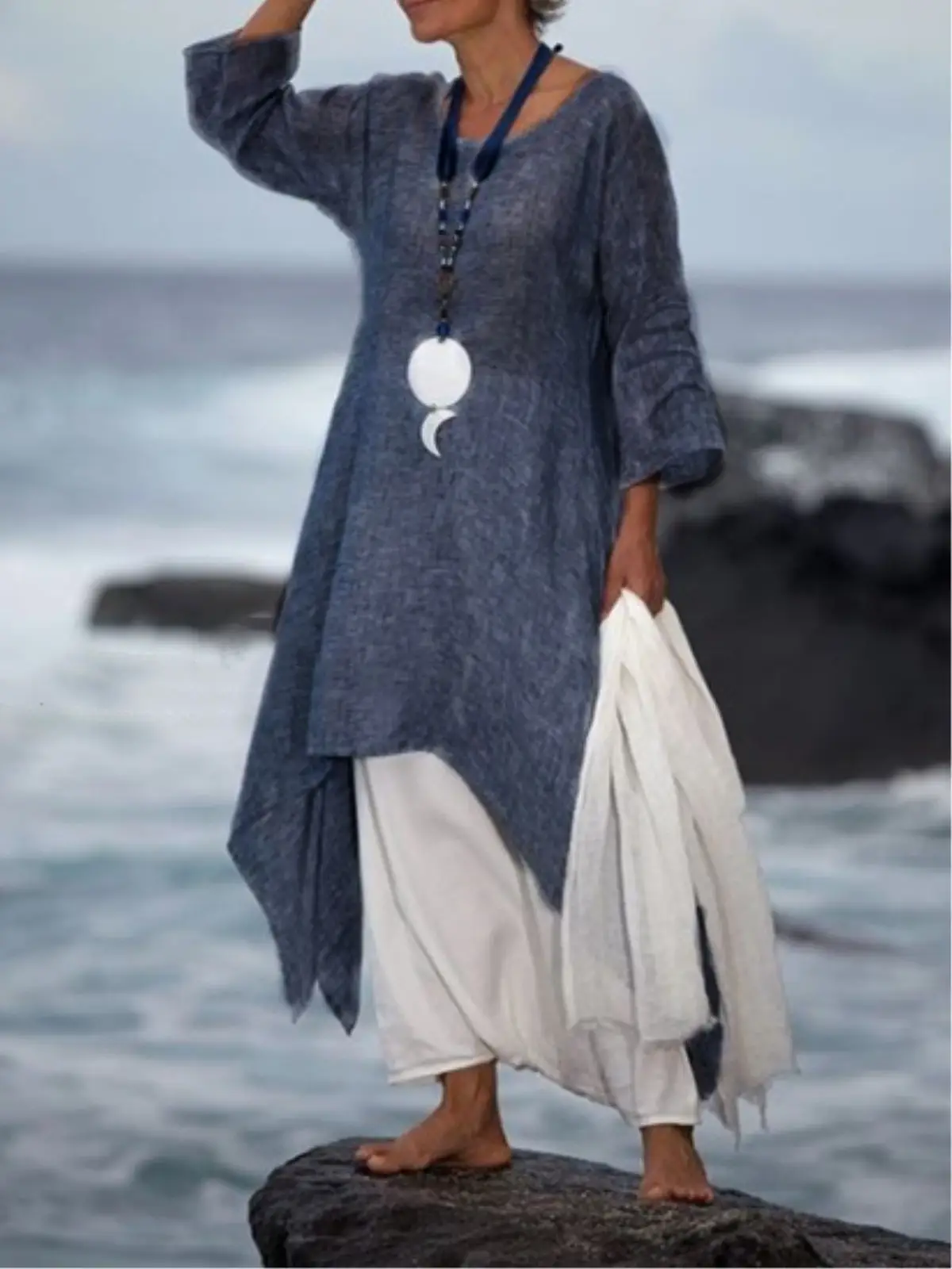 2023 Women Cotton Linen Long Sleeve Dress Large Hem - Image 3