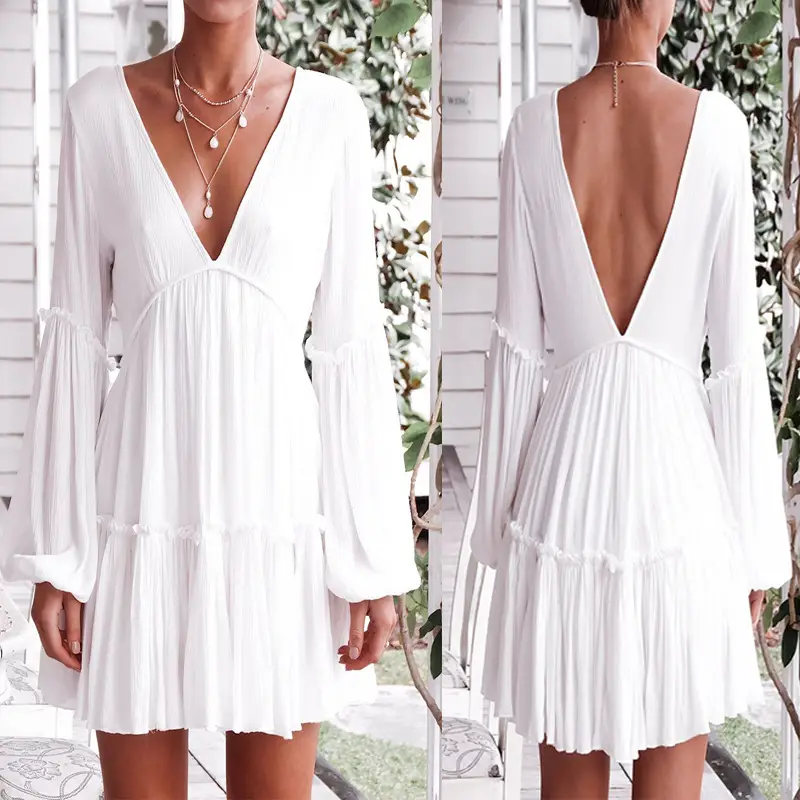 White Long Sleeve V Neck Summer Dress with Shorts - Image 2