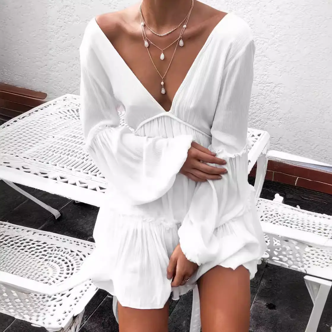 White Long Sleeve V Neck Summer Dress with Shorts - Image 3