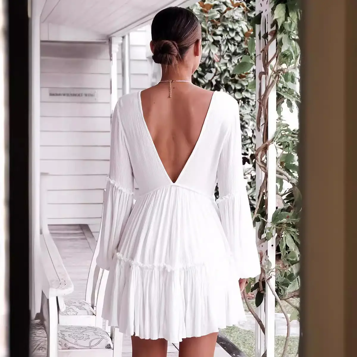 White Long Sleeve V Neck Summer Dress with Shorts - Image 4