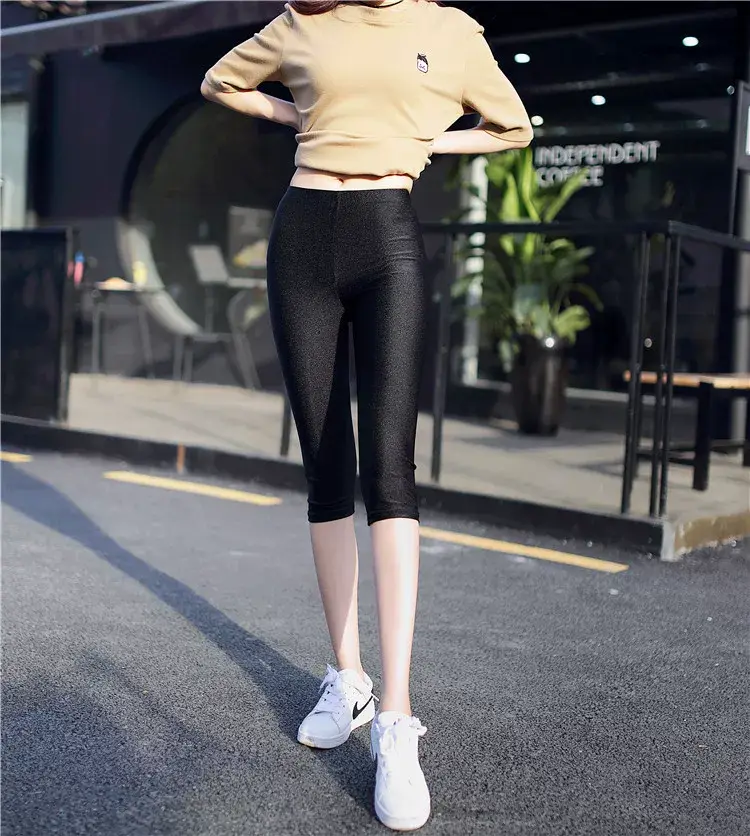 Glossy Nylon Cropped Leggings Women Spring Autumn Super Plus Size — feature 9
