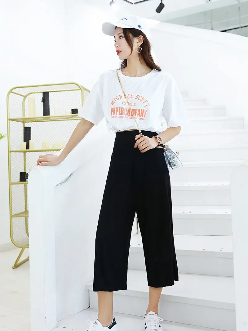 Women Wide Leg Cropped Navy Blue Pants - Image 7