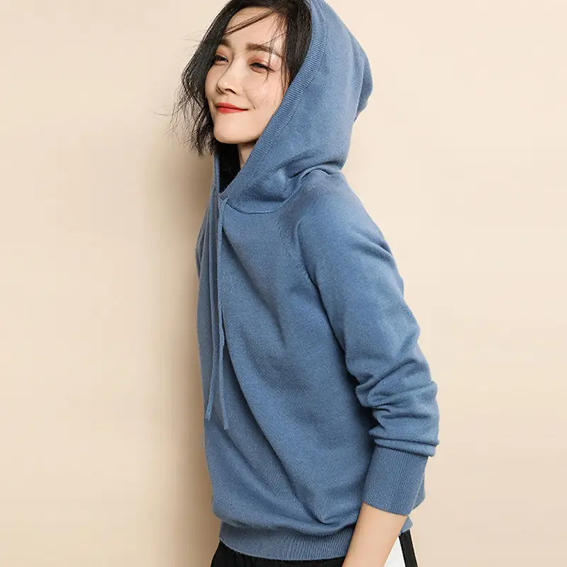 Women Black Hooded Pullover Sweater Spring 2024