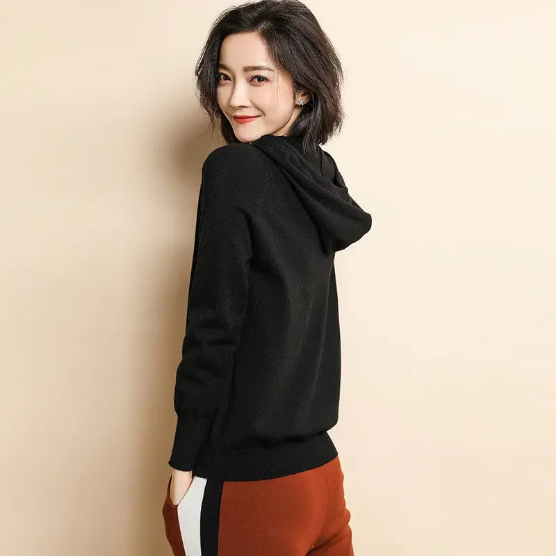 Women Black Hooded Pullover Sweater Spring 2024