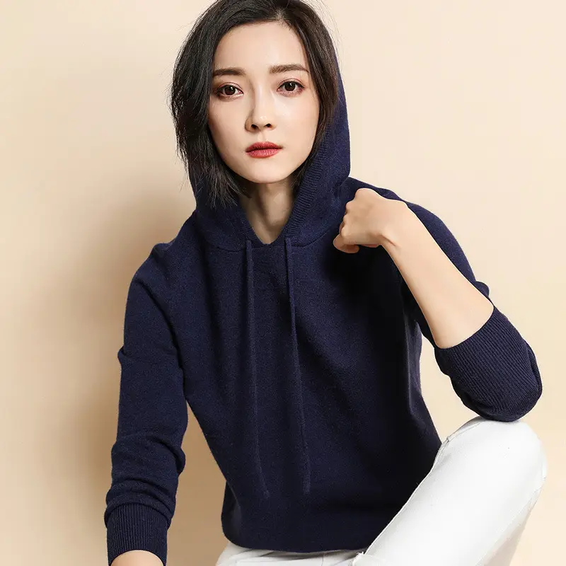 Women Black Hooded Pullover Sweater Spring 2024