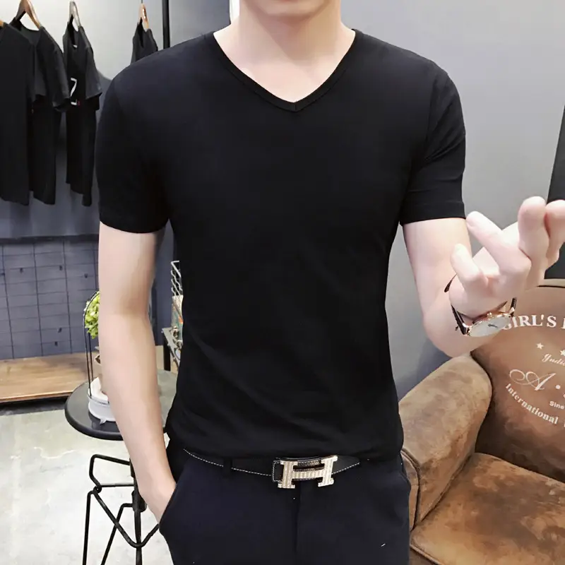 Men 120g Thin Black Short Sleeve T-Shirt Slim Base - Image 7