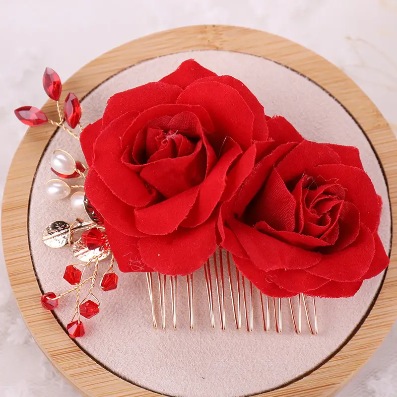 Red Rose Bridal Hair Comb with Gold Accents - Image 3